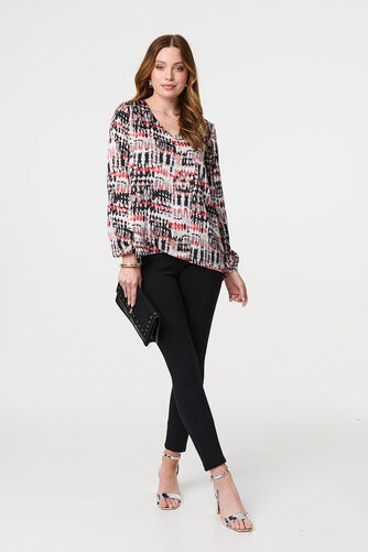 Izabel London - Printed Long Sleeve V-Neck Tunic Blouse
